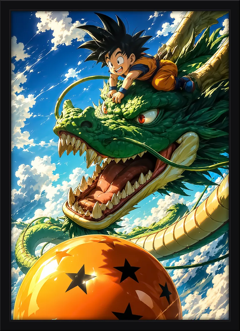 Quadro decorativo Goku criança sobre o dragão Shenlong e a esfera de quatro estrelas