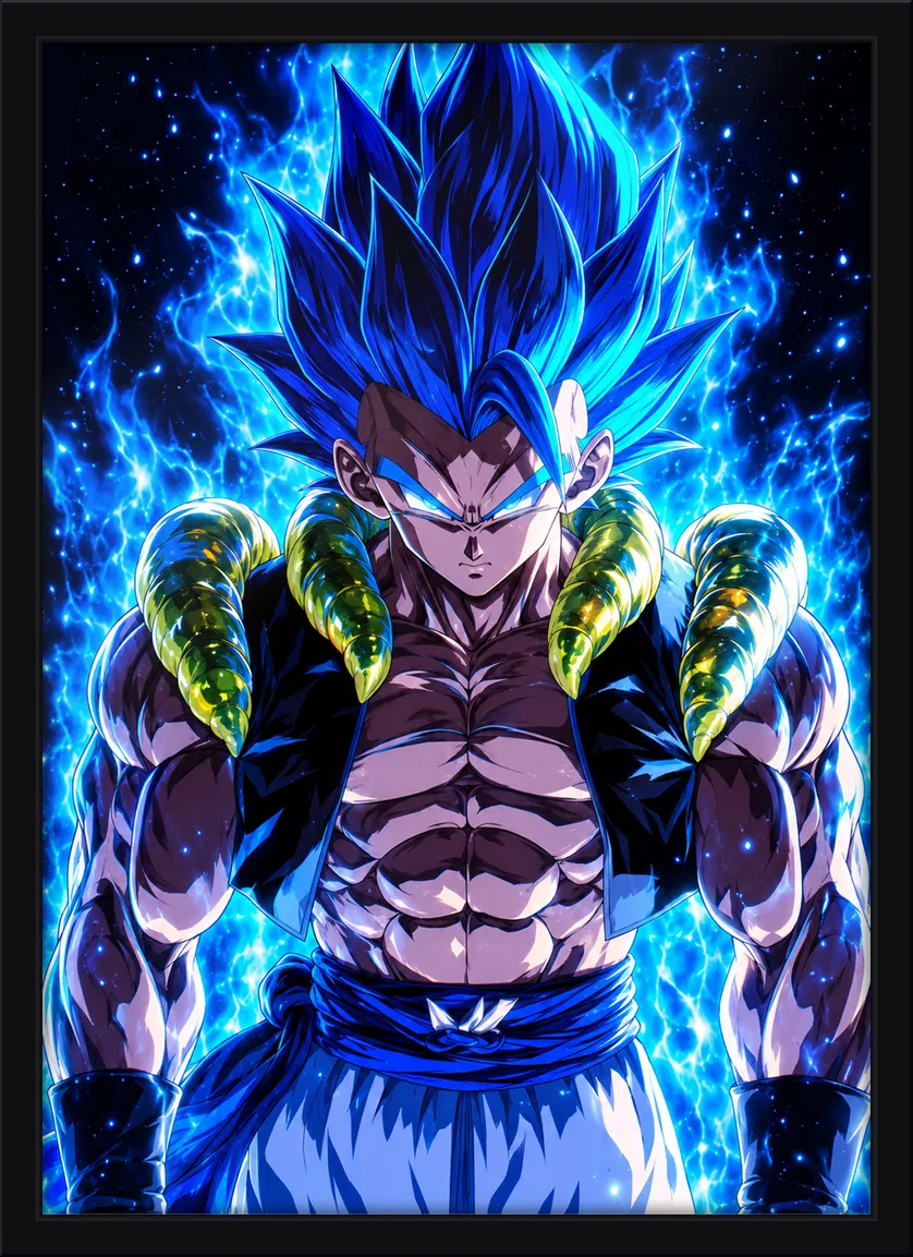 Quadro decorativo Gogeta Blue envolto em aura azul de energia, Dragon Ball