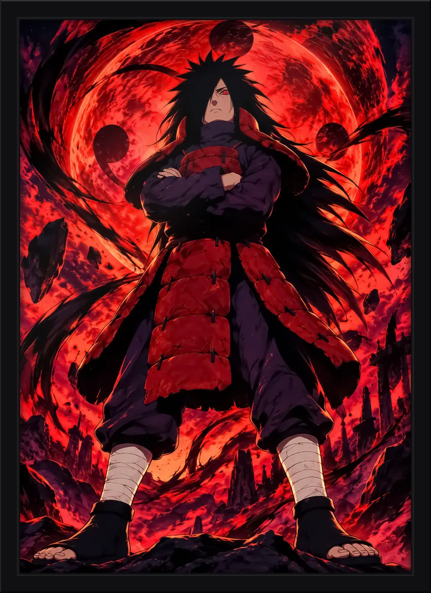 Quadro decorativo Madara Uchiha de braços cruzados diante da lua vermelha