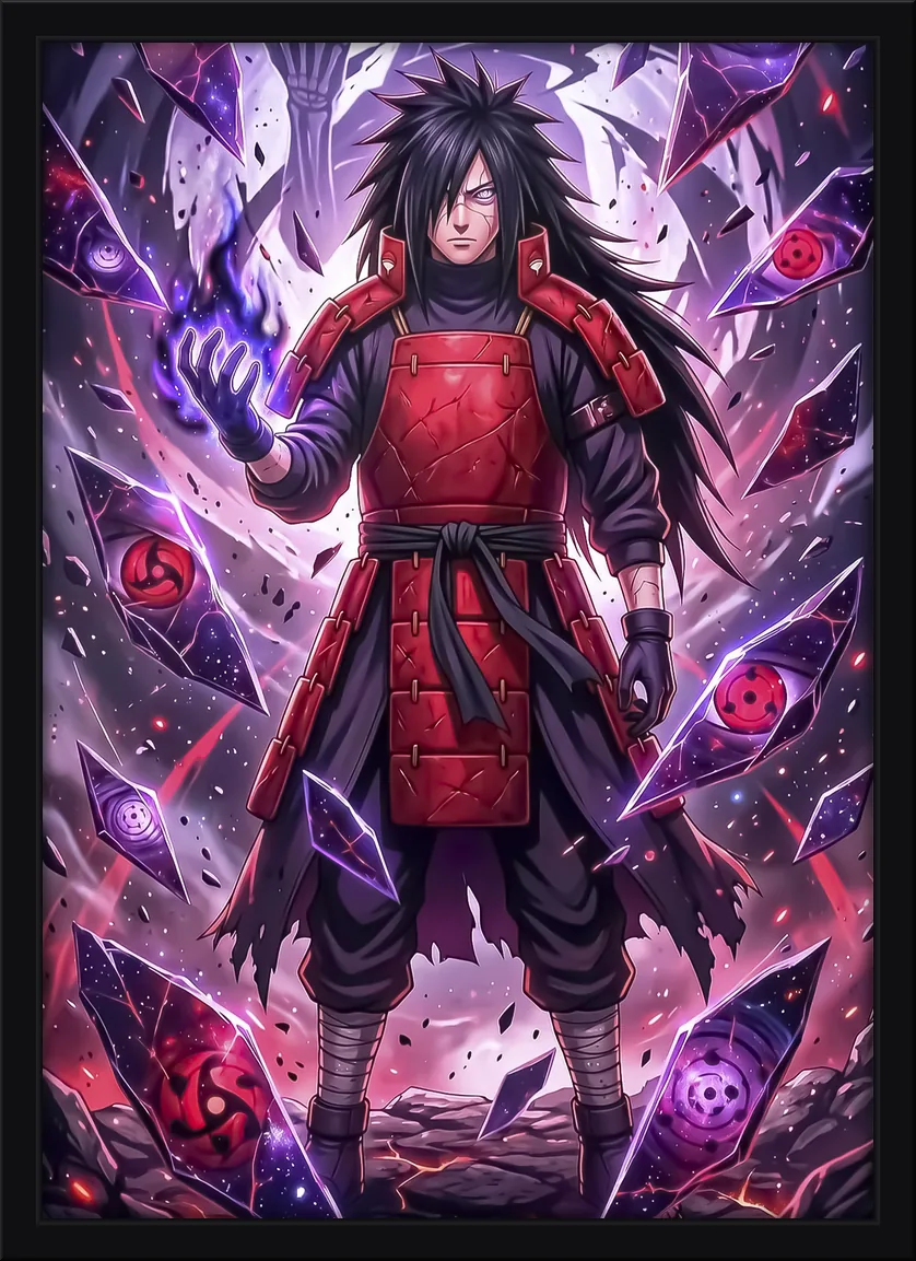 Quadro decorativo Madara Uchiha com Susanoo roxo e cristais quebrados