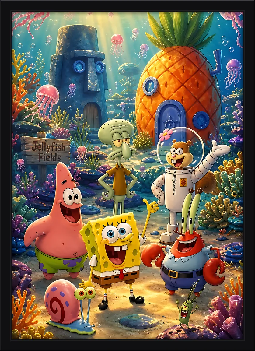Quadro decorativo Bob Esponja e os amigos na Fenda do Biquíni
