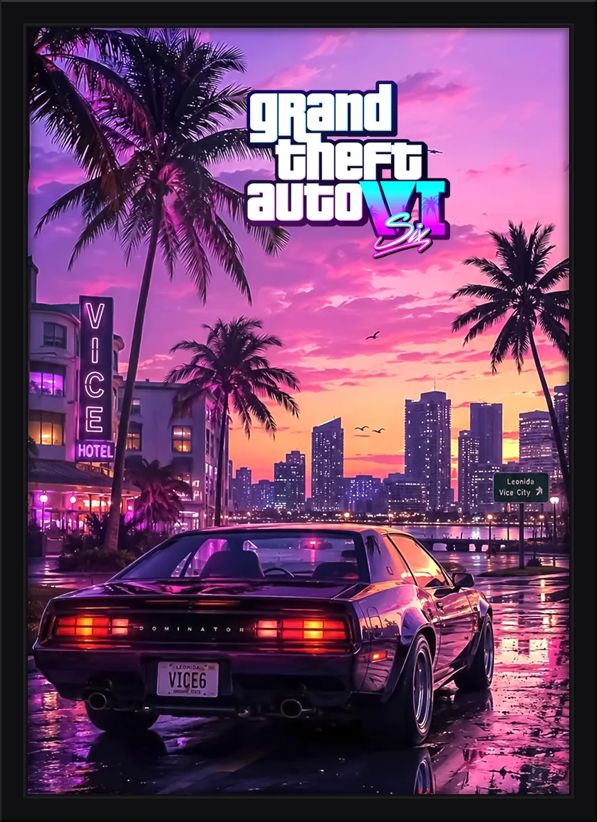 Quadro decorativo GTA VI com carro esportivo, palmeiras e pôr do sol de Vice City