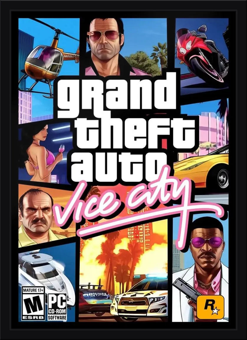 Quadro decorativo com a capa de GTA Vice City em mosaico de personagens