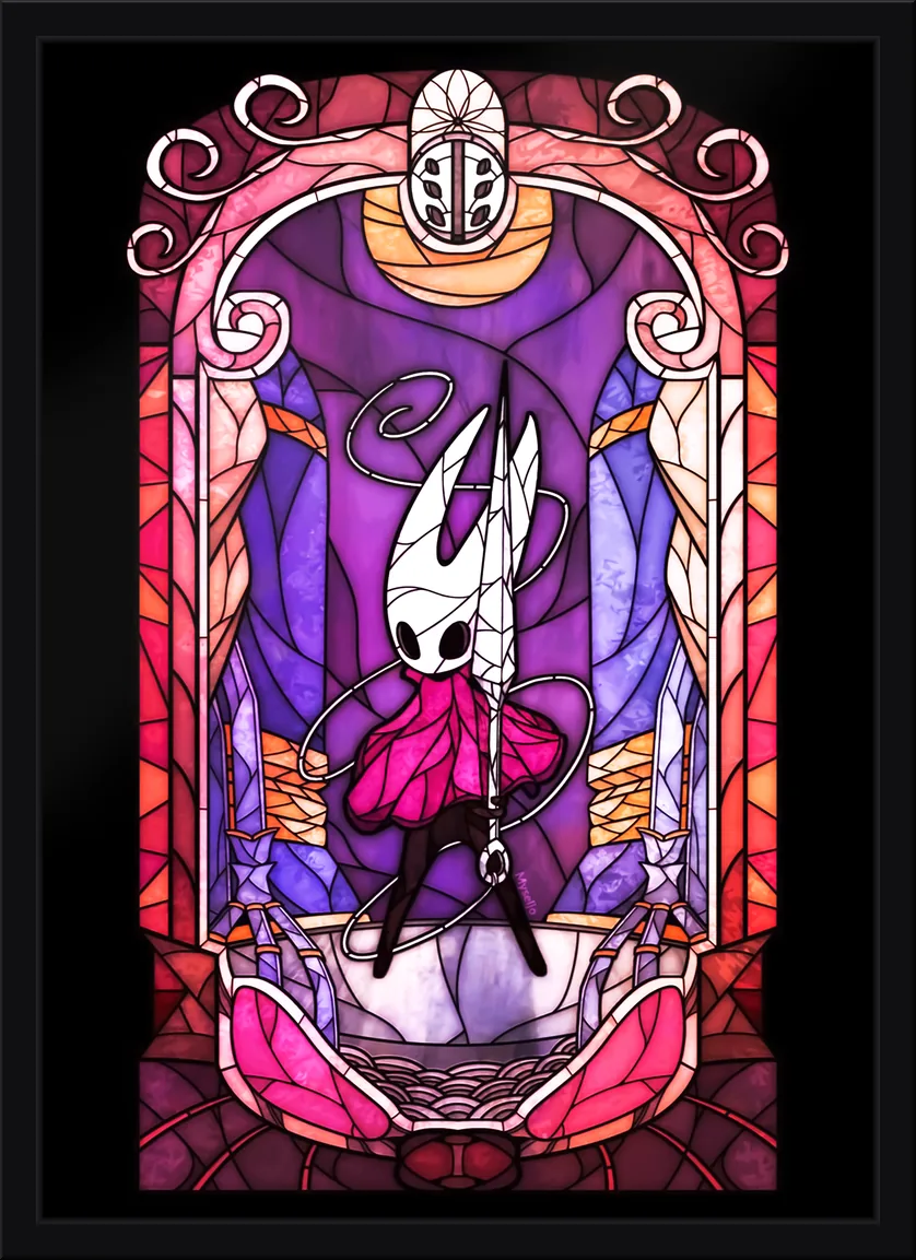 Quadro decorativo Hollow Knight em estilo vitral com moldura ornamentada