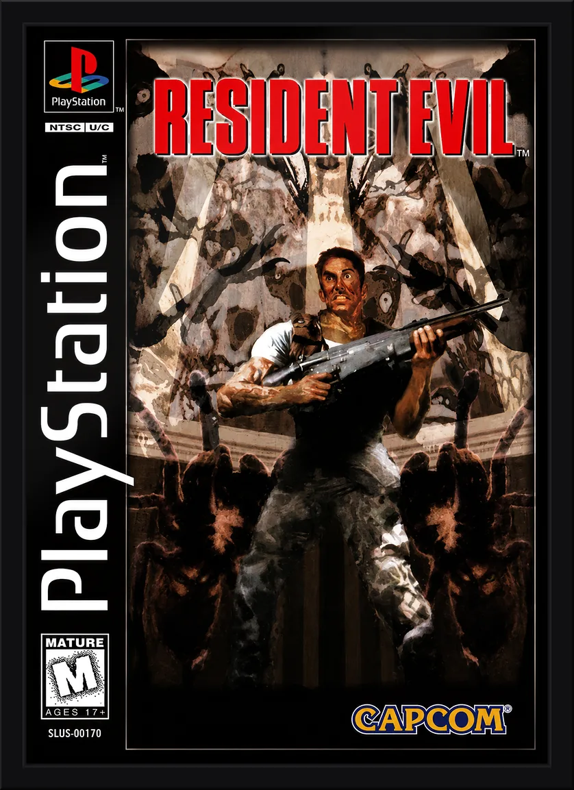 Quadro decorativo com a capa clássica de Resident Evil de PlayStation, de 1996