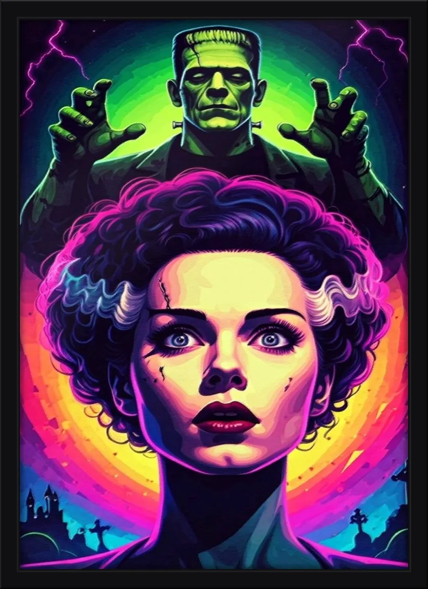 Quadro decorativo A Noiva de Frankenstein em cores neon, com o monstro ao fundo