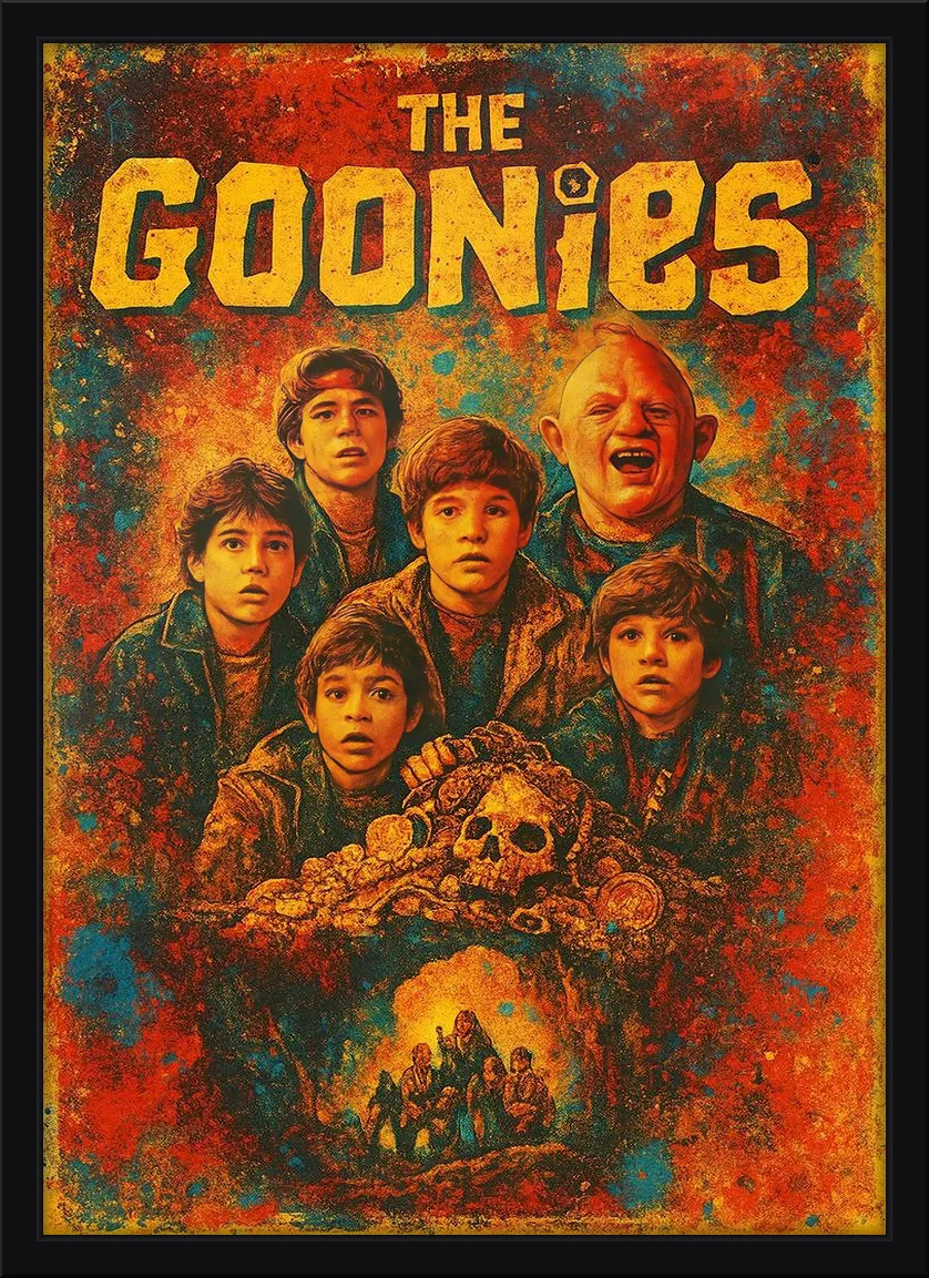 Quadro decorativo Os Goonies com a turma reunida sobre a caveira do tesouro