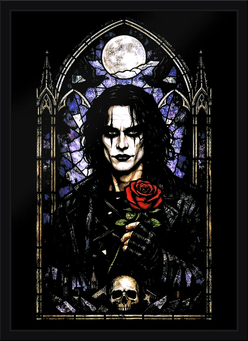 Quadro decorativo do filme O Corvo com Eric Draven em vitral gótico, rosa vermelha e lua cheia
